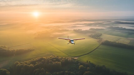 Fototapeta premium small plane is flying over an expansive green farm