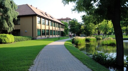 Park Scene with Light Beige Building, Pathway, and Pond