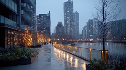 Fototapeta premium City waterfront winter evening walk, lights reflecting on wet pavement
