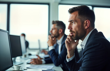 Businessmen in modern office setting think strategically. Focused team members analyze tech, financial data. Plan enterprise investments, evaluate stock market trends. Concentrated men discuss