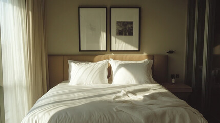 Modern, clean, minimalistic and aesthetic bedroom interior, framed art on the wall behind the bed with white pillows and blanket or comforter, morning or day sunlight coming through the glass windows.