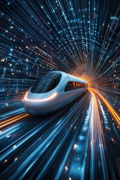 A hyperloop train speeding through a glowing tunnel.