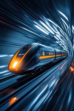 A hyperloop train speeding through a glowing tunnel.