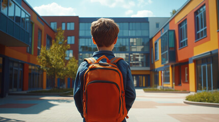 Rearview photography of a young boy wearing a backpack in the sunny morning, looking at the school building. little male child first day in educational institution, kindergarten rucksack september.