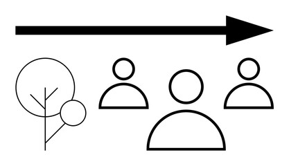 Large arrow above abstract figures and tree symbol illustrating leadership, community alignment, and environmental focus. Ideal for teamwork, sustainability, growth, progress, leadership, strategy