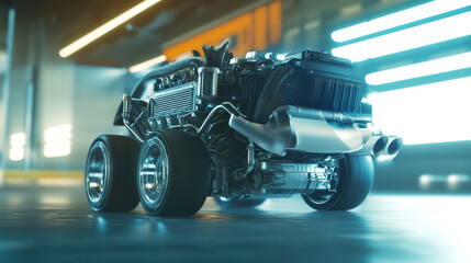 Futuristic engine design in urban setting, showcasing advanced technology and sleek aesthetics. intricate details highlight innovation and creativity in automotive engineering