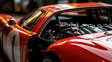 High performance sports car showcasing powerful engine and sleek design. vibrant red exterior highlights intricate details of engine compartment, emphasizing speed and engineering excellence
