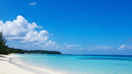 Fototapeta premium Tropical beach with soft white sand, clear turquoise water, and a bright blue sky scattered with fluffy clouds. 