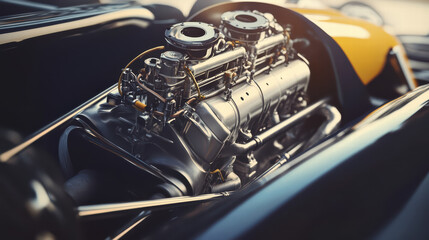 Naklejka premium High performance engine in sleek racing car, showcasing intricate details and engineering excellence. metallic components reflect precision and speed, embodying thrill of motorsport