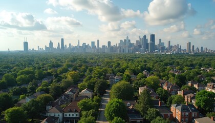 Obraz premium Chicago neighborhood with green trees, houses. Rich green area surrounded by buildings. Skyscrapers in horizon. View from drone. Calm atmosphere. Sunny day. Urban landscape. Residential area. Spring