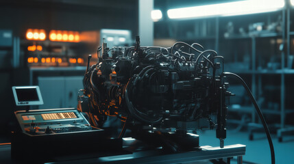 Fototapeta premium engine on test bench with monitoring equipment, showcasing intricate details and advanced technology in dimly lit laboratory