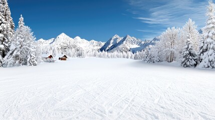 Snowy mountain landscape, winter cabins, sunny day, ski tracks