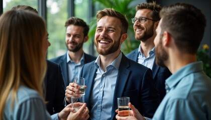 Business people network happily at indoor event. Smiling adults share ideas, discuss innovations. In convention center. Businessmen, businesswomen in formal attire. Collaborative atmosphere present.