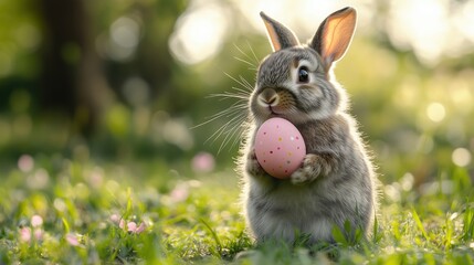 Fluffy gray bunny holds pastel pink Easter egg in a vibrant spring meadow under sunlight