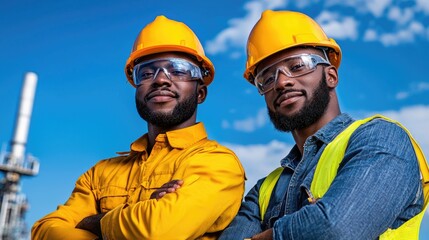 Confident engineers at refinery, sunny day