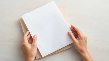 Obraz premium Internal supply chain concept. Hands Placing Blank White Sheet on Beige Background with Overhead View in Bright Environment