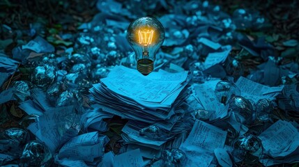 Bright Idea Illuminated bulb on discarded papers