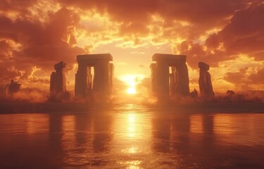 Sunset or sunrise, viewed in a panoramic shot at Stonehenge, United Kingdom