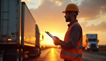 Trucker stands near semi-truck at sunset. Wears safety vest, hard hat. Checks clipboard. Logistics, transportation concept. Time of day evening. Location highway. Work, transport subjects.