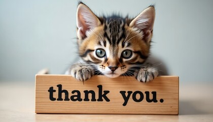 Cute kitten lies face down on wooden sign saying Thank. Animals care concept. Photo suitable for pet care awareness campaigns. Kitten looks grateful. Adorable pet image perfect for animal lovers.