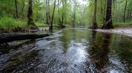 Calm forest stream, nature scene, tranquil water, trees, background, nature photography