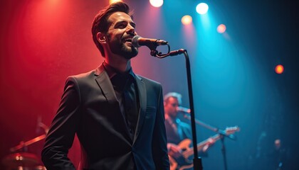 Man sings jazz on stage at night club. Energetic performance. Stage lights are colorful. Musician wears dark suit, sings into microphone. Band plays in background. Nighttime atmosphere. Entertainment.