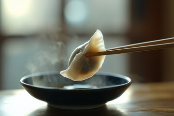 Steaming dumpling lifted with chopsticks over bowl