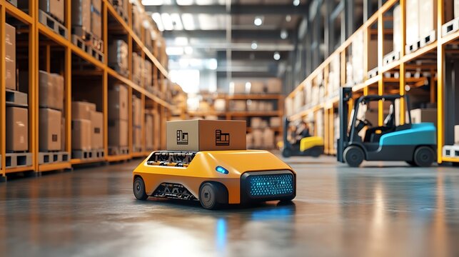 Autonomous mobile robot delivering goods in modern warehouse