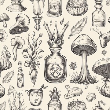 A bohemian background featuring a seamless witchcraft pattern. Enriched with magic ingredients and floral accents. Showcases antique apothecary styles, alchemy, and tarot card illustrations. Not a