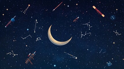 Naklejka premium Spectacular Starry Night Sky with Crescent Moon and Shooting Stars