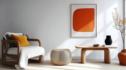 Modern Interior Design, Cozy Living Room Setup, Stylish Furniture Accents, Minimalist Artistic Representation, Bright