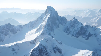 Obraz premium Snowy Mountain Peak Landscape: Majestic Alpine Scenery, White Mountain Range, Winter Wonderland, High Altitude, Aerial View