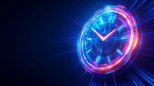 Abstract futuristic wall clock with floating elements, translucent materials, holographic colors, high-tech environment, intricate mechanical details, neon light glow