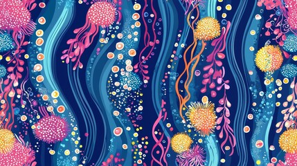 Wavy striped navy background with multicolored abstract bubbles and marine flora, seamless design, vibrant and energetic