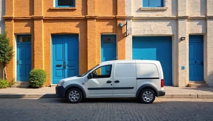 White van parked on cobblestone street in front of colorful brick building. Building bright orange, light beige brickwork with vibrant blue doors, garage. Sunny day. Urban scene. Delivery van.
