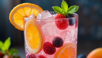 Colorful Mocktail with Ice, Citrus, and Fresh Berries