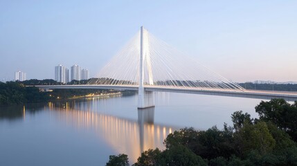 Fototapeta premium Modern cable-stayed bridge over river at dawn, city skyline