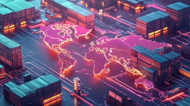 Advanced technology-driven global logistics, flowing neon light trails connecting continents, pastel gradient colors, isometric 3D illustration
