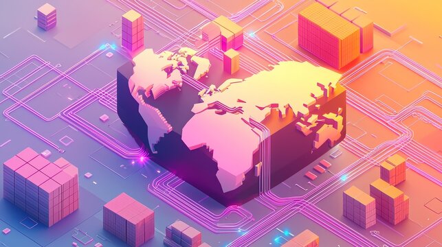 Advanced technology-driven global logistics, flowing neon light trails connecting continents, pastel gradient colors, isometric 3D illustration