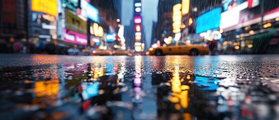 Obraz premium Rainy night city street reflection, blurred lights, urban travel.