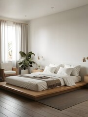 Minimalist Modern Bedroom Design Platform Bed, Neutral Tones, Natural Light. Generative AI