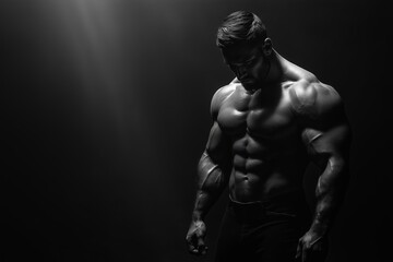 Fototapeta premium Muscular bodybuilder posing in dramatic lighting