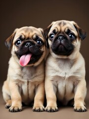 Fototapeta premium Adorable Pug Puppies Two Sweet Companions, Playful Poses, Brown Background. Generative AI