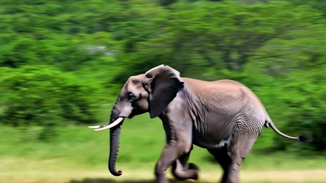 Video shot of a giant elephant running through a field in the wild of Africa during the day in summer in the jungle, nature, and educational backgrounds.