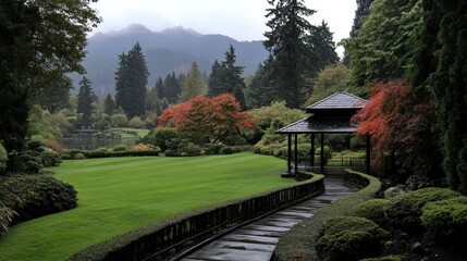 Rainy Garden Landscape with Gazebo and Fall Foliage