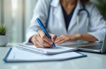 Female doctor wearing white coat takes notes in notebook using laptop. Meticulously writes in paper notebook. Close-up view. Medical journal writing. Focus on hands, notebook. Desk setup in office