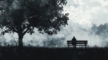 Obraz premium Man sitting on a bench under a large tree