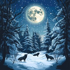 Three wolves howl at a bright full moon in a snowy winter forest at night under a starry sky.