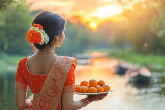 On the auspicious day of Sandhya Arghya during Chhath Puja, a lady approaches the river to perform worship of Surya, the Sun God, and his sister, Chhathi Maiya.