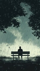 A solitary figure sits on a park bench in rain